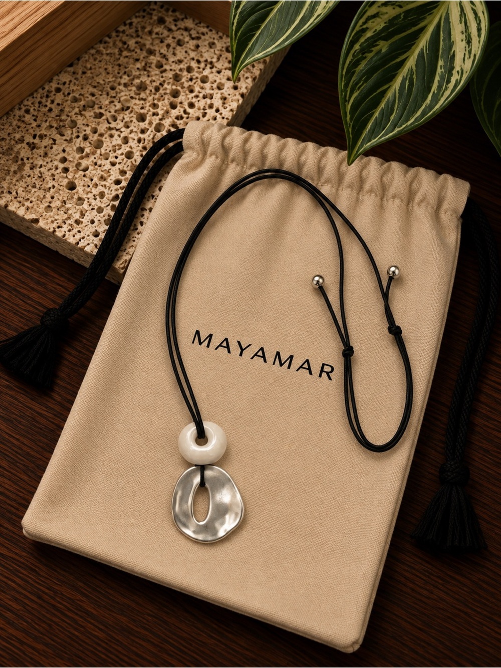 Silver Pendant black rope Necklace with White resin Accent